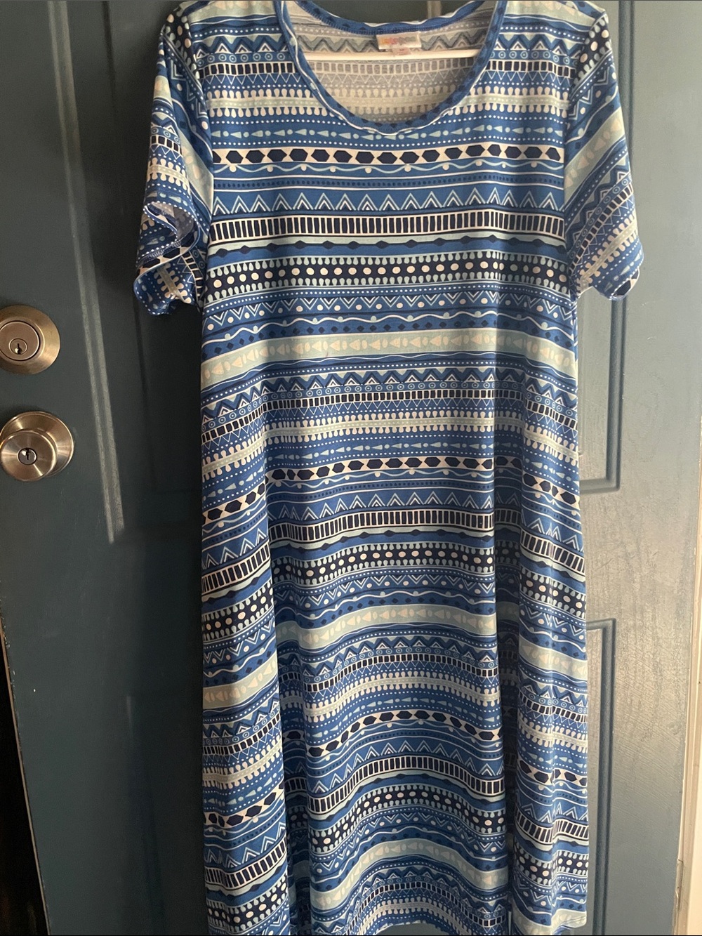 LuLaRoe Blue and White Patterned Midi Dress